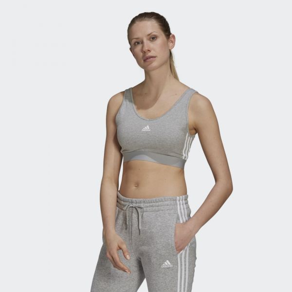 adidas Top Curto com Almofadas Removíveis 3-Stripes Essentials Medium Grey Heather / White L - GS1357-L