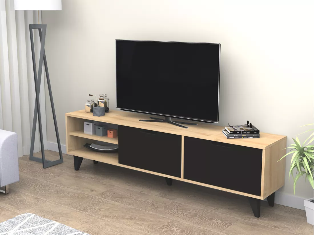 Meuble TV avec 2 portes et 2 niches - Noir et Naturel - CORENIA