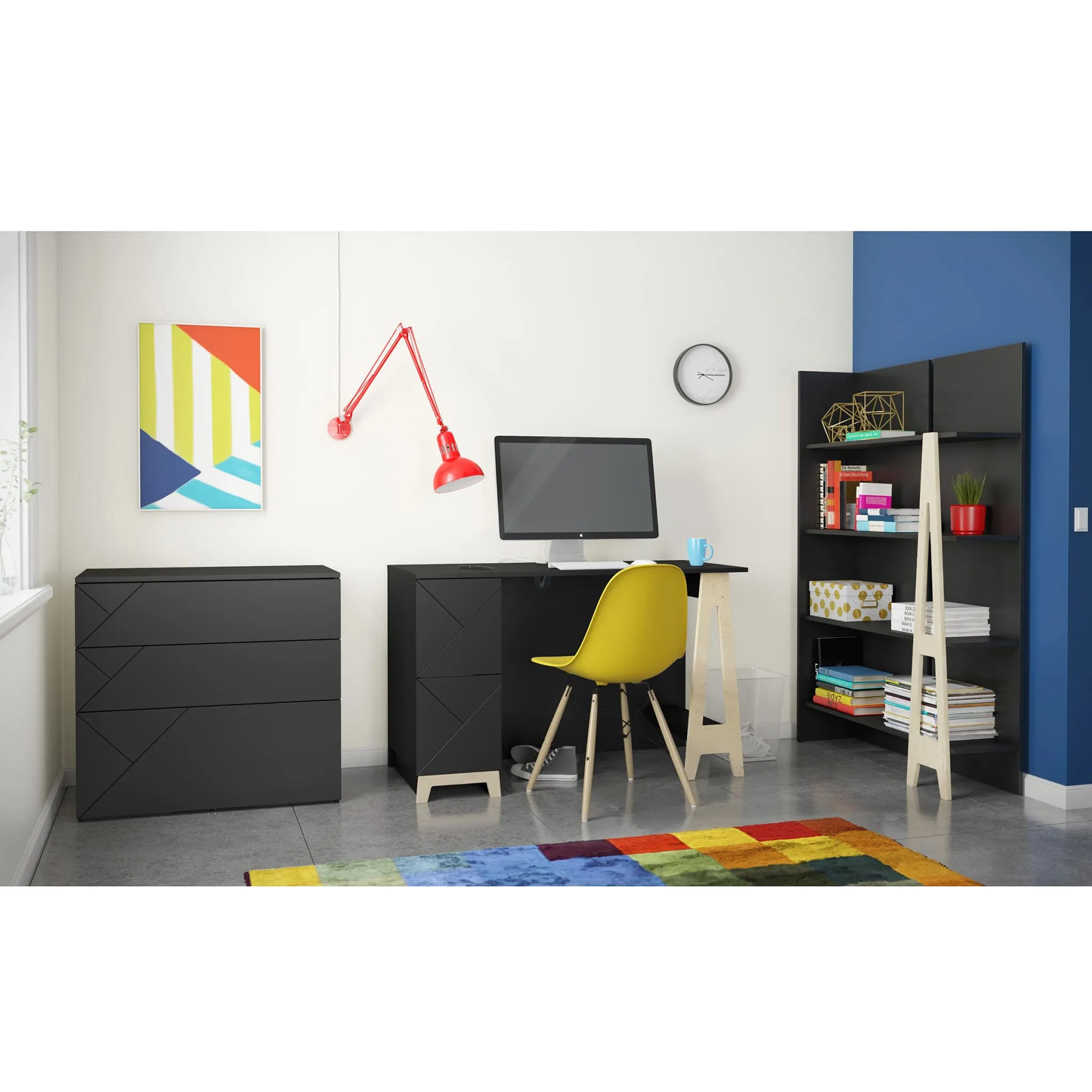Nexera Bureau de Travail à 2 Tiroirs Atypik - Noir  Merisier Naturel
