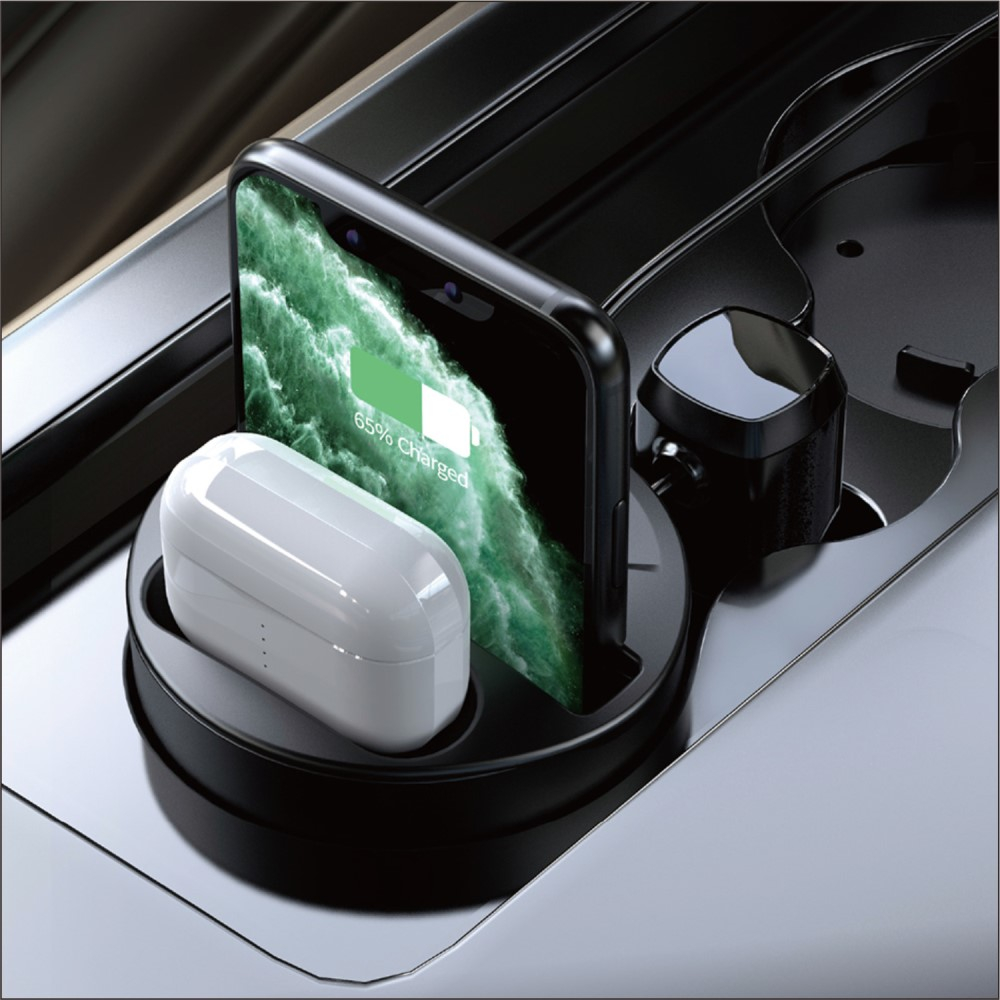 (15W) 4in1 Auto Becherhalter Ladegerät Cup Holder Qi Wireless Charger - Schwarz