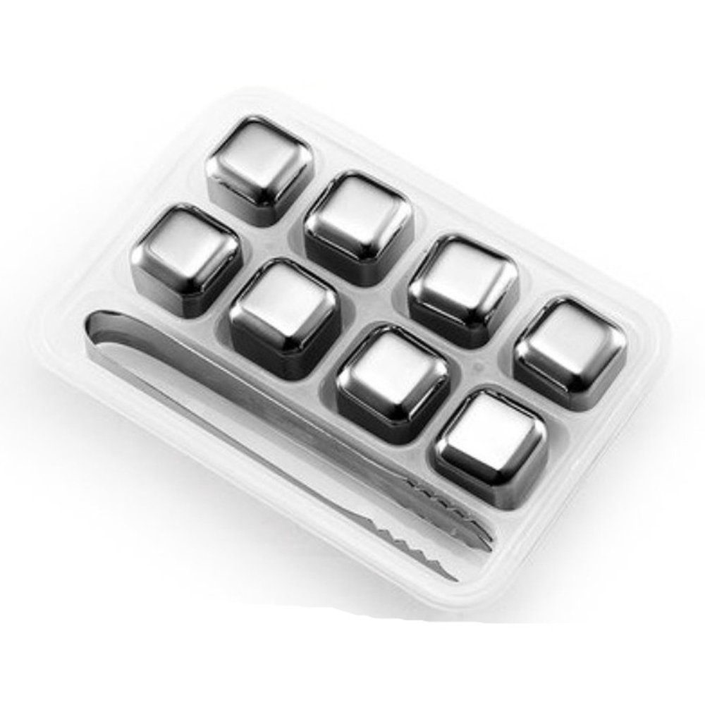 (10-tlg. Set) 8-fach Edelstahl Whisky Eiswürfel Wiederverwendbare Ice Cubes mit Zange   Aufbewahrungsbox