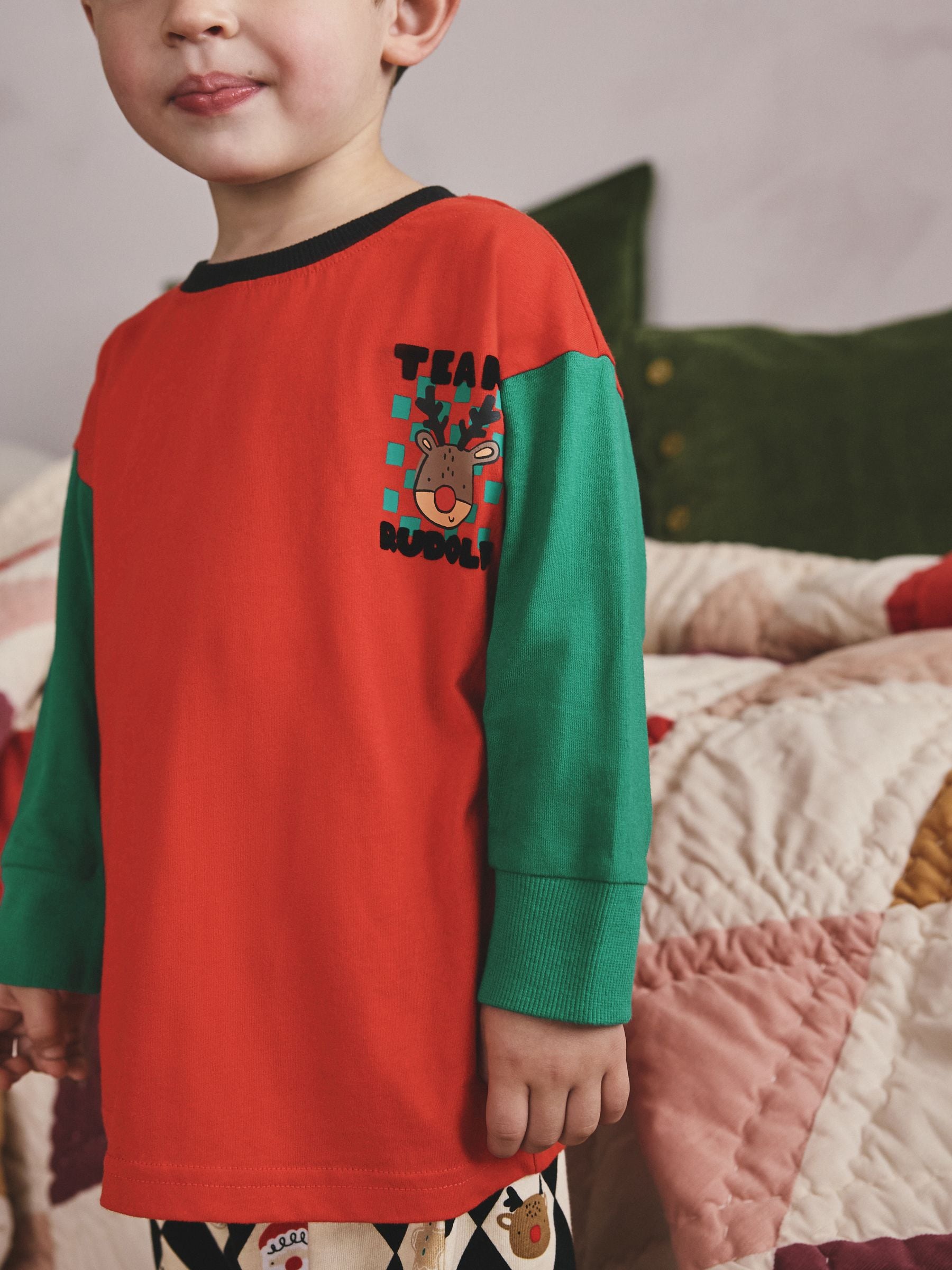 Rood/groen Harlequin - Enkele kerstpyjama (9mnd-12jr)