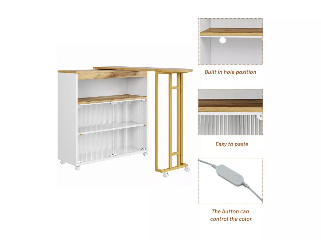 Buffet、Meuble de bar pivotant et escamotable avec LED - compartiments de rangemnt - Blanc