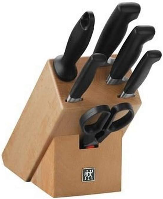 ZWILLING Vier Sterne Messerblock, 7-teilig, Holzblock Buche, Messer, Wetzstab und Schere, Rostfreier Spezialstahl/Ergonomischer Kunststoff-Griff, Schwarz [Made in Germany]