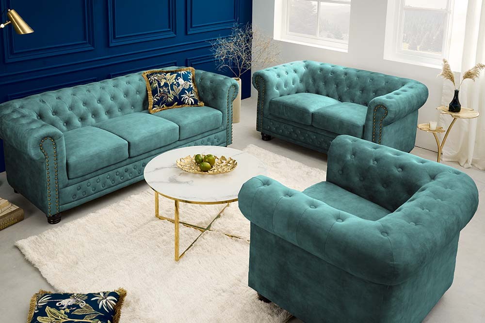 Barocker Sessel CHESTERFIELD petrol Samt Federkern goldene Nieten mit Knopfheftung
