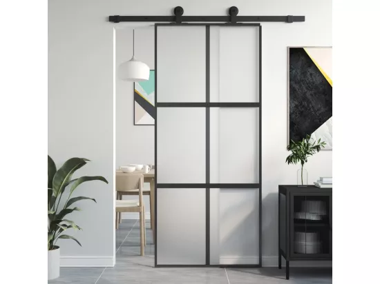 Porte coulissante noir 90x205 cm verre trempé aluminium