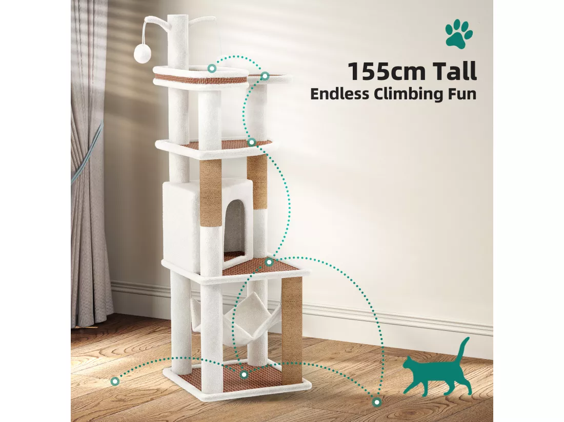YITAHOME Arbre à Chat - 155 cm - Griffoir - à 4 niveaux - Tour d'escalade pour Chat d'Intérieur - Tissage en rotin - Blanc