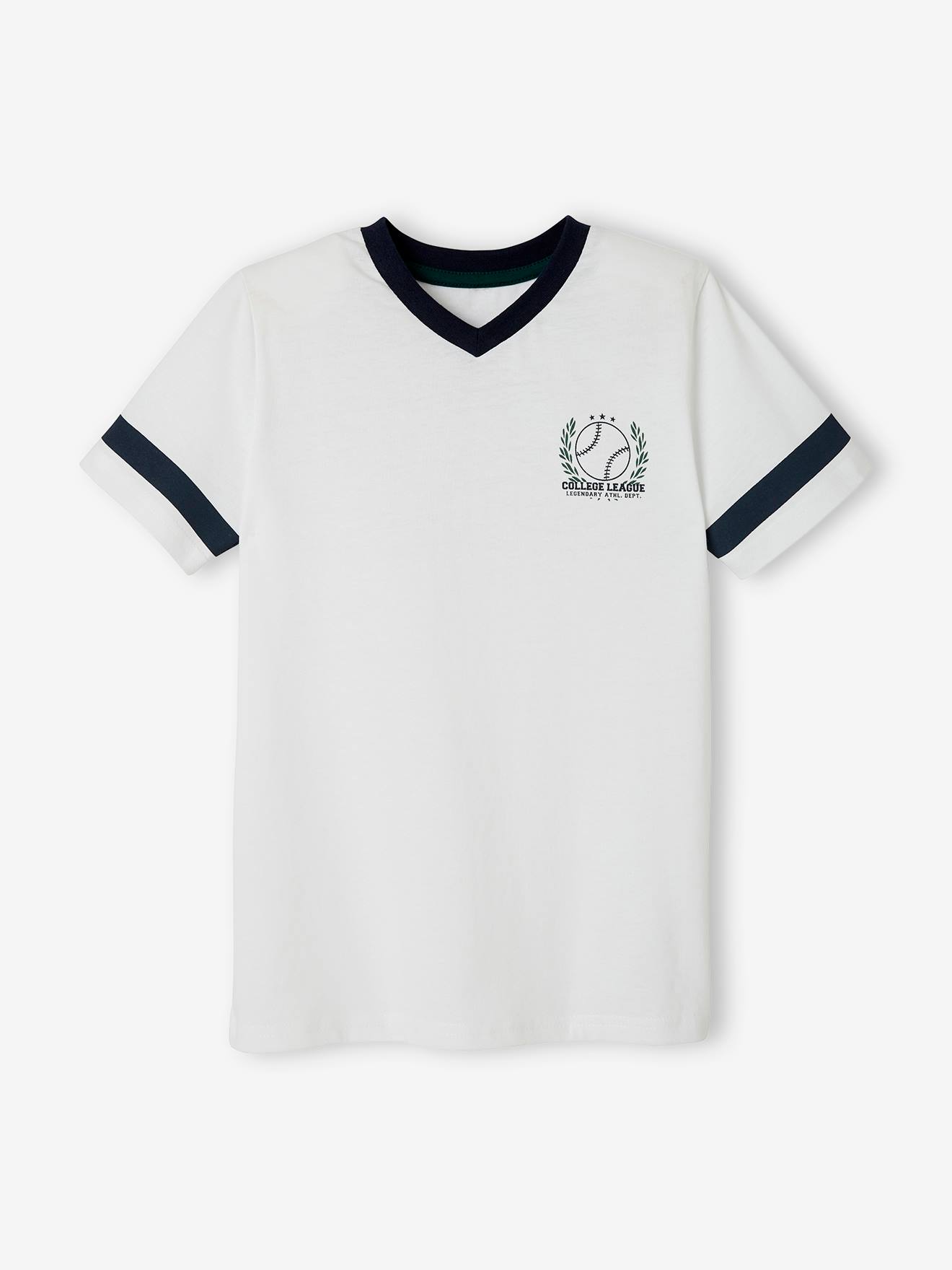 Camiseta esportiva de beisebol para meninos, branca lisa com estampas.