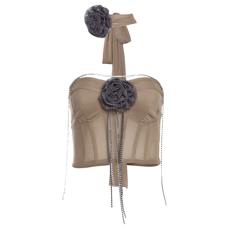 Sugarcoat - Crop top met bloemendetail en strass-ketting van mesh / mini-kokerrok met gerimpelde taille