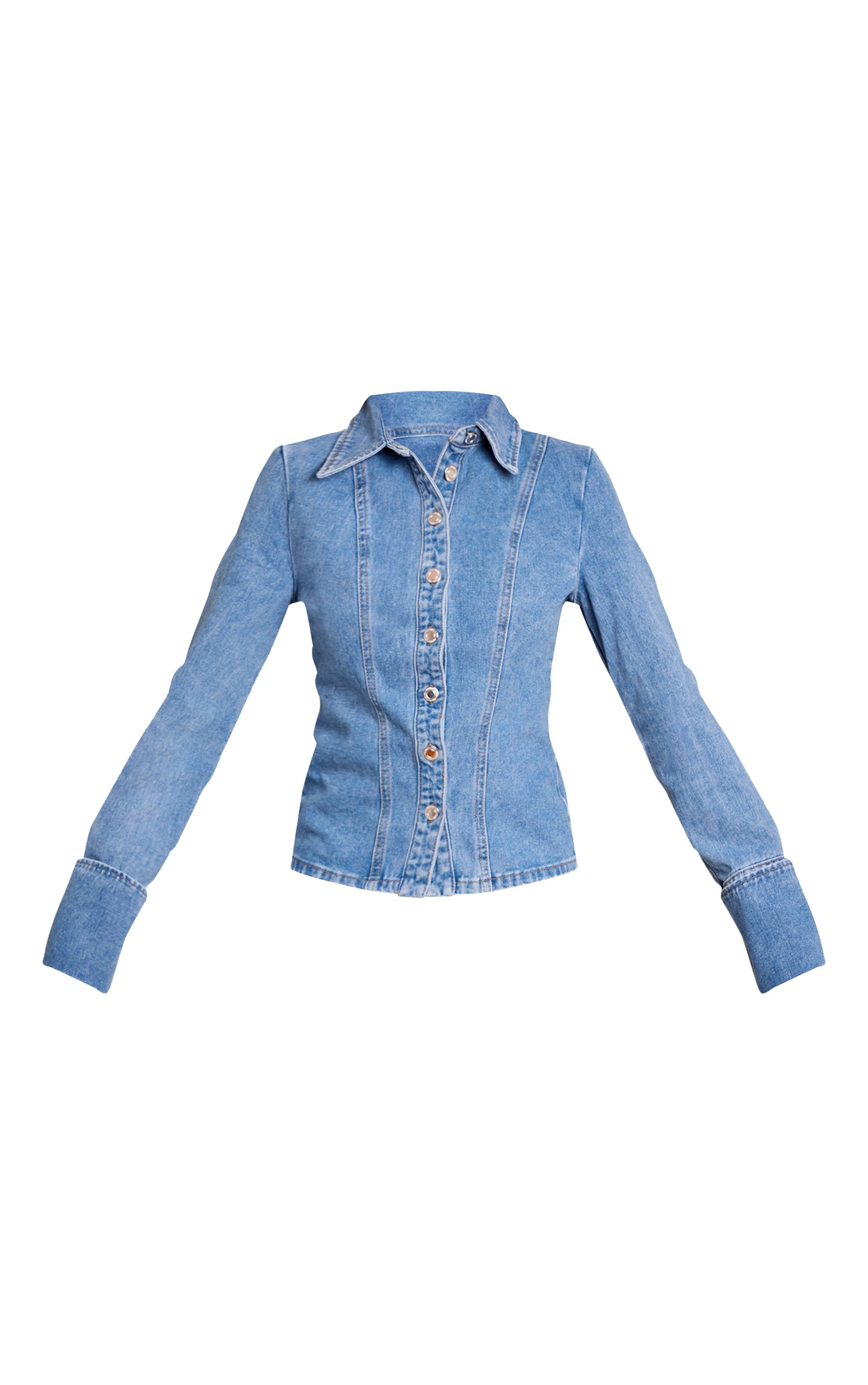 Mid Blue Wash Chemise En Jean À Manches Longues Avec Taille Froncée