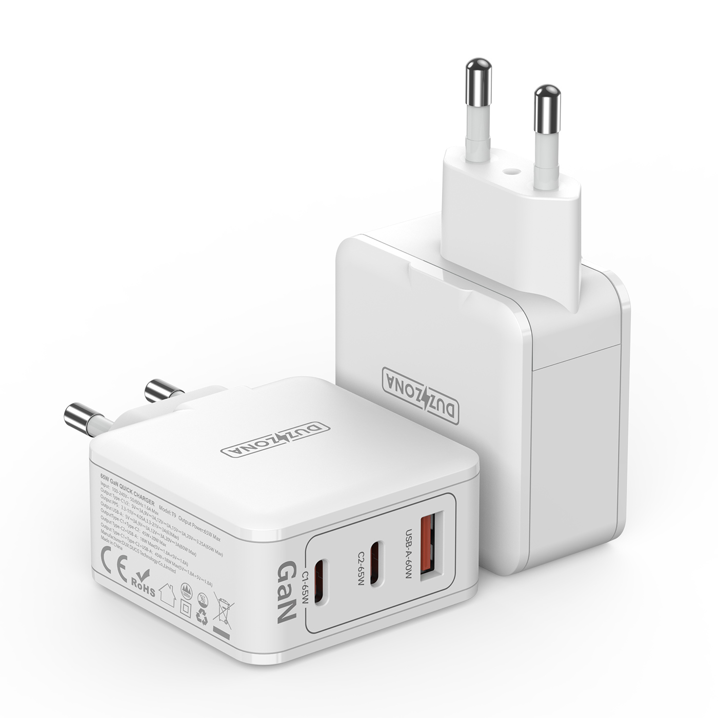 (65W) Dual USB C / USB A GaN Ladegerät Power Delivery 3.0 Netzteil - Weiss