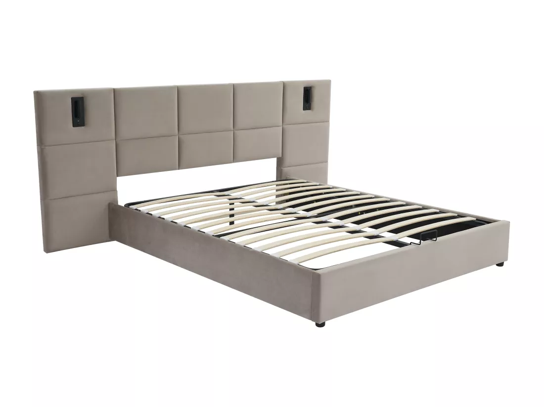 Lit coffre 180 x 200 cm avec tête de lit et lampe intégrée - Velours - Taupe + Matelas - SARETO