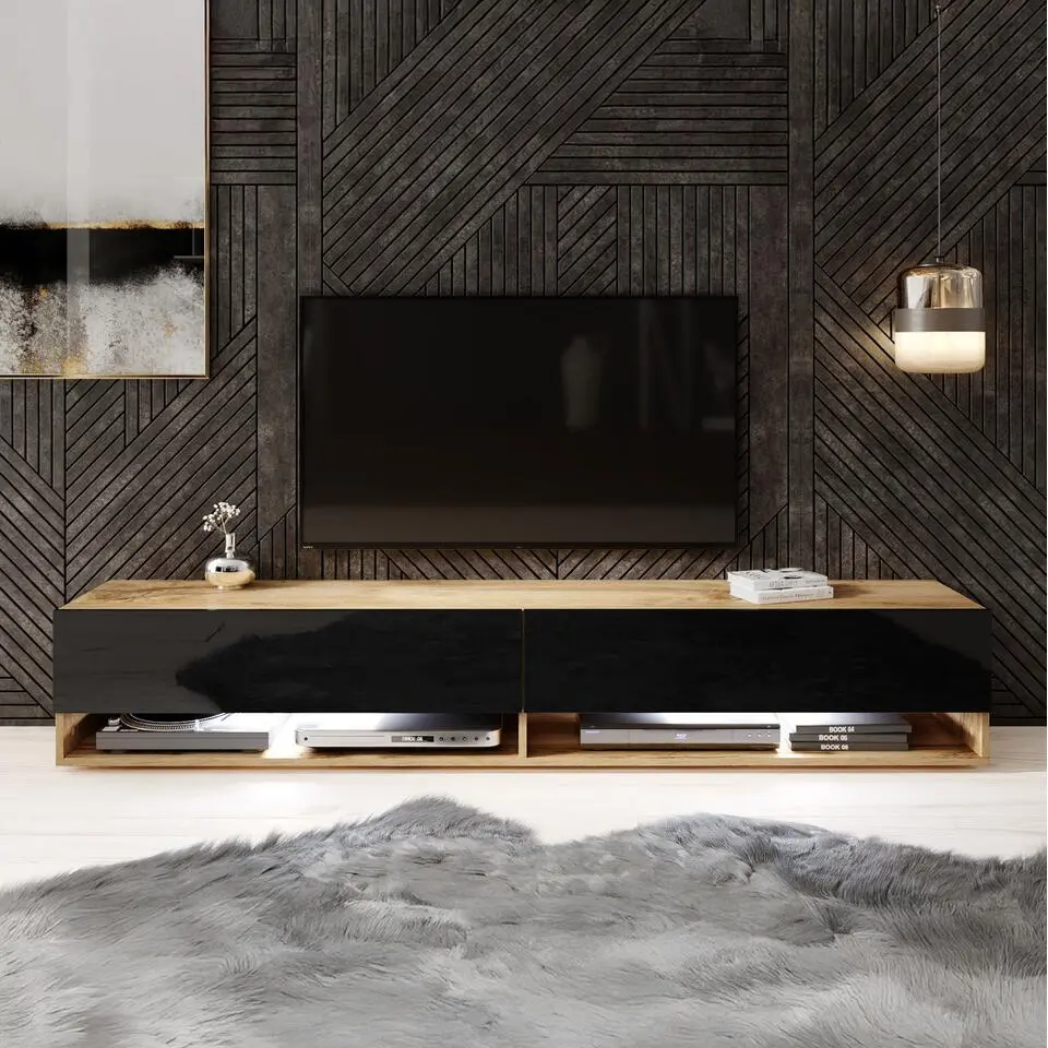 Meubella - TV-Meubel Asino LED - Zwart - Eiken - 180 cm