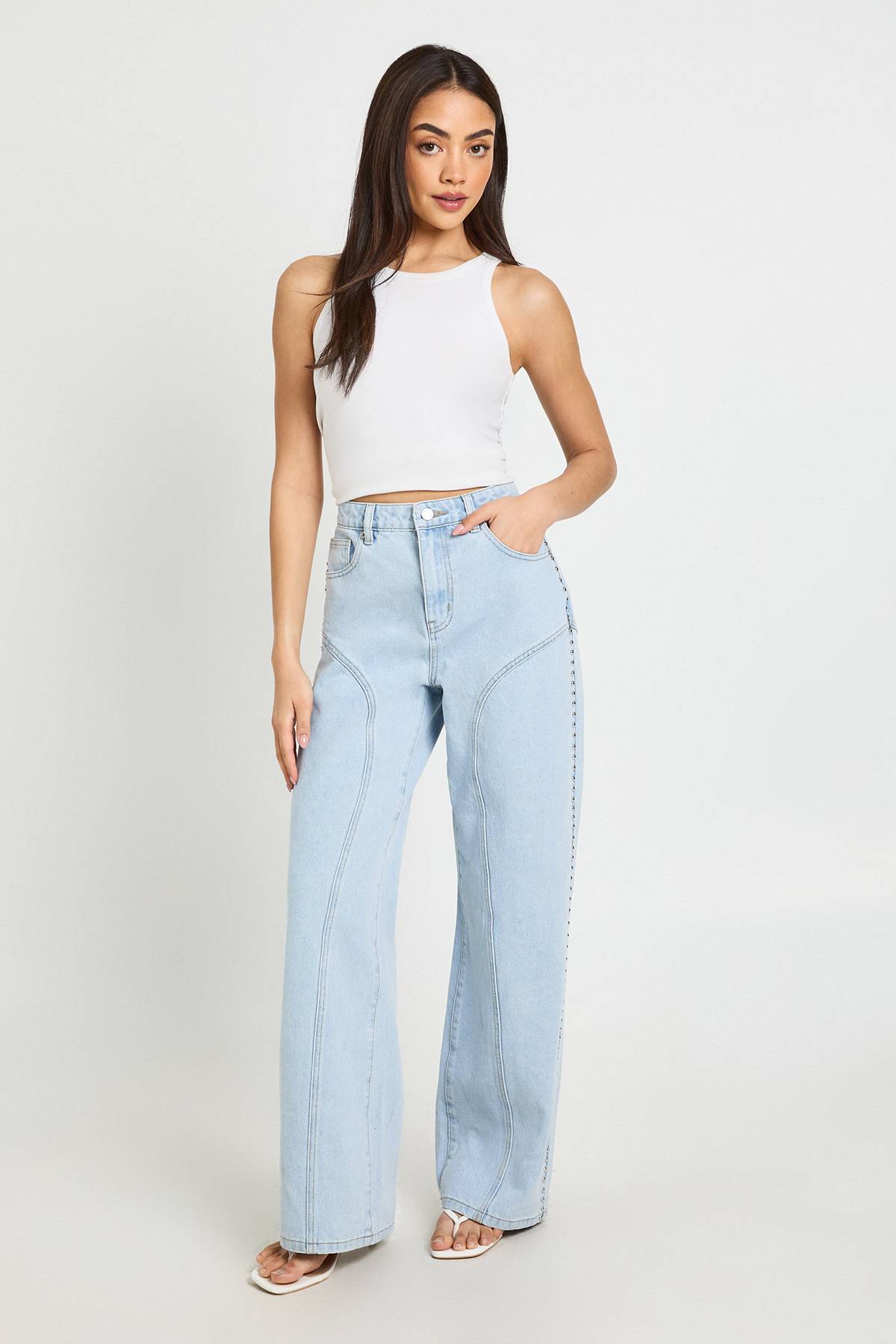boohoo Jean Droit Taille Haute À Clous Style Western