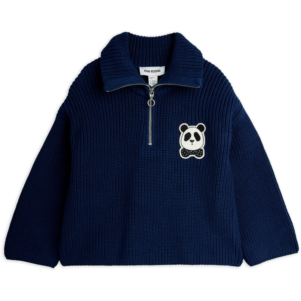 Køb Mini Rodini Blue Panda Patch Chunky Strik Half Zip Sweater