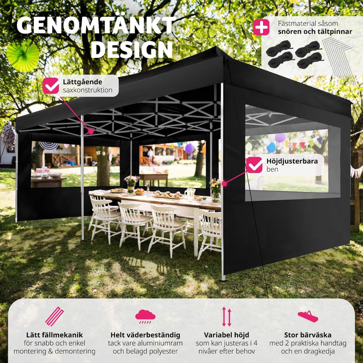 Partytelt, paviljong Viola 3x6m med 4 vegger - svart