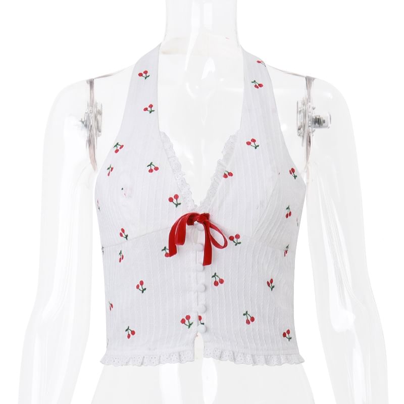 Bulgaris - Halter V-hals kanten versiering kersenprint strik accent crop vest