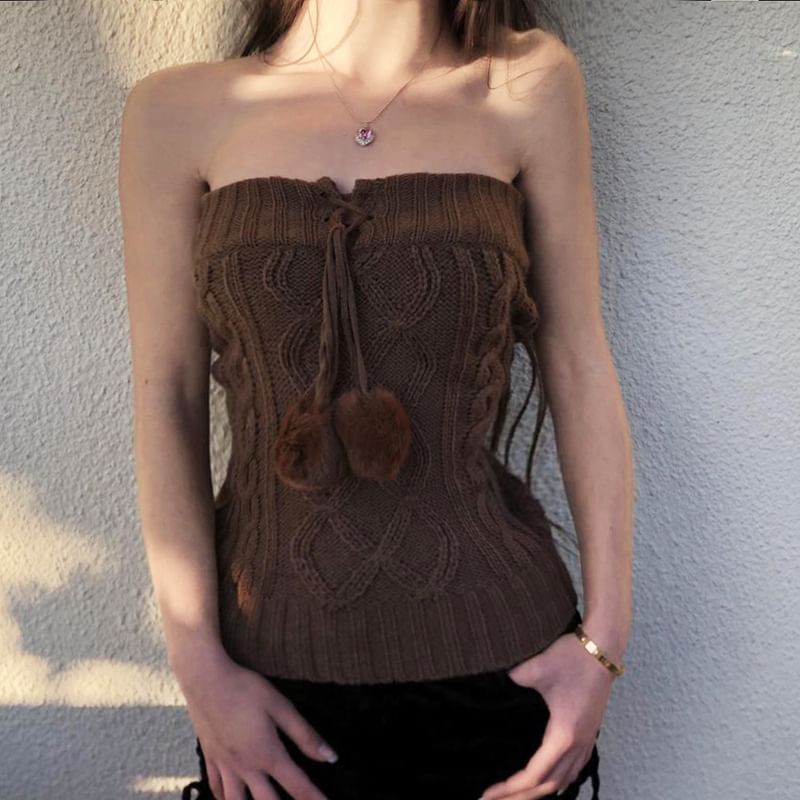 Sosana - Fluffy Ball Effen Kabelgebreide Tube Top