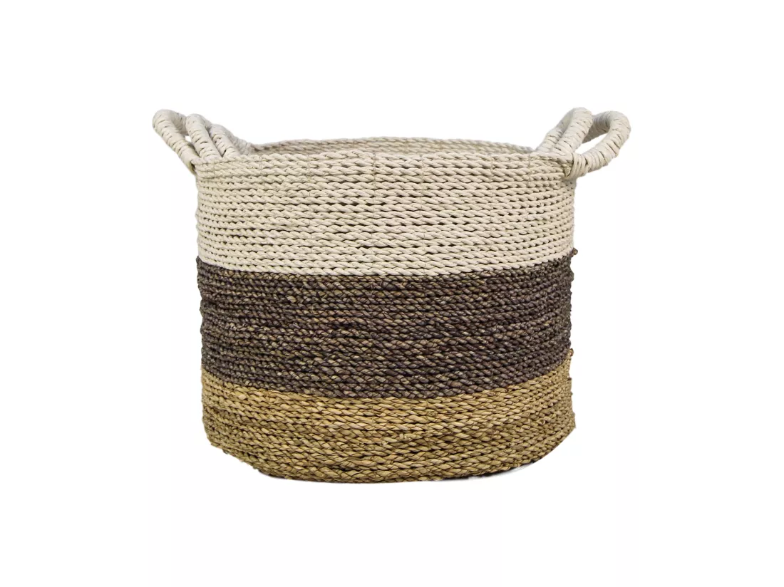 Malibu - Set de 3 paniers de rangement - Jonc de mer - Naturel/pourpre/blanc - 36 x 30 x 36 cm