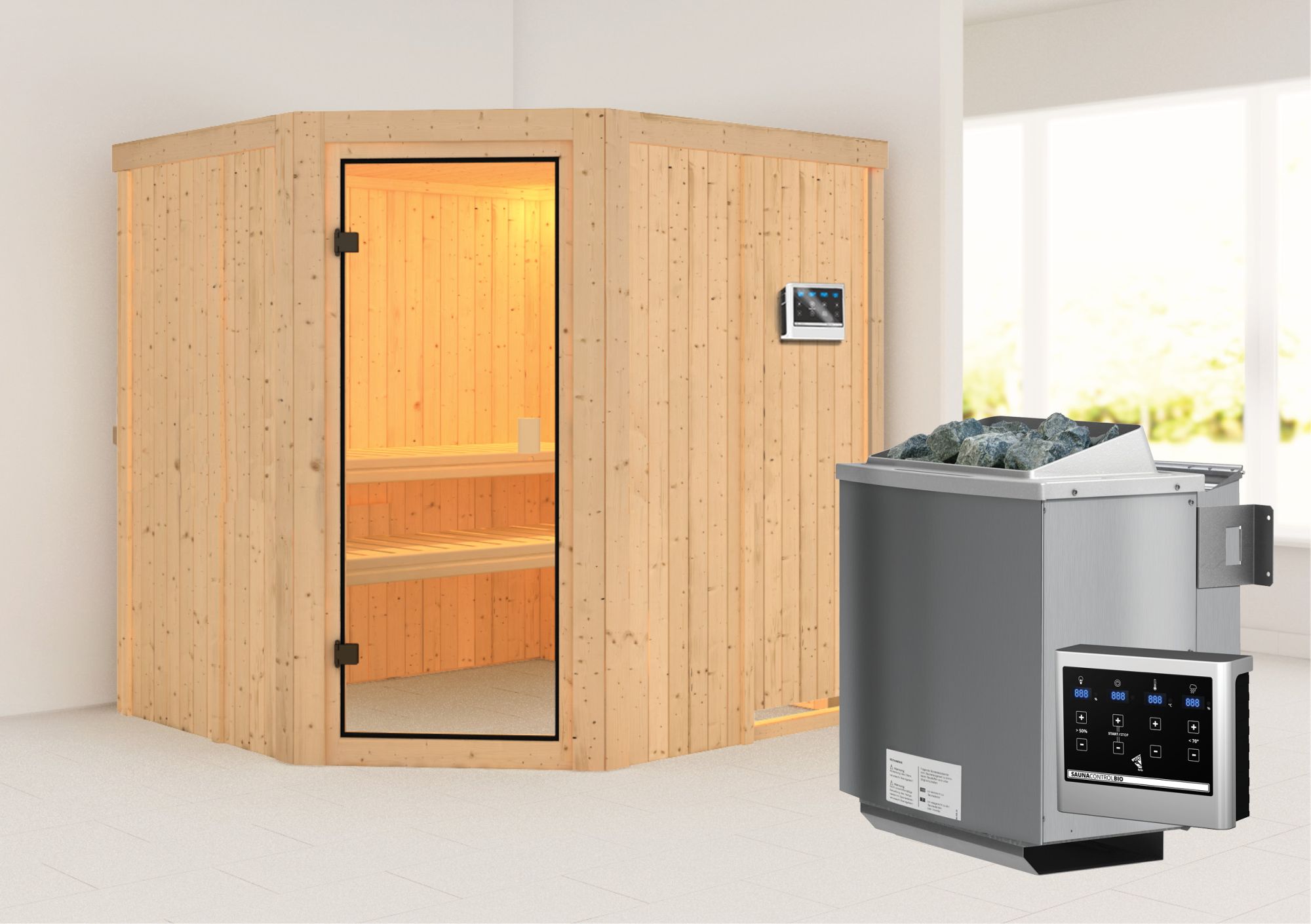 Karibu Innensauna Ella mit 9kW Bio Ofen und Steuergerät Easy