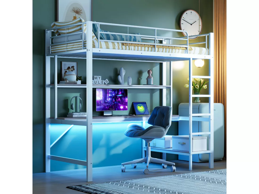Lit mezzanine garde-corps et escabeau - 90 x 200 cm - avec USB et secteur - LED et bureau - sans matelas - métal - white