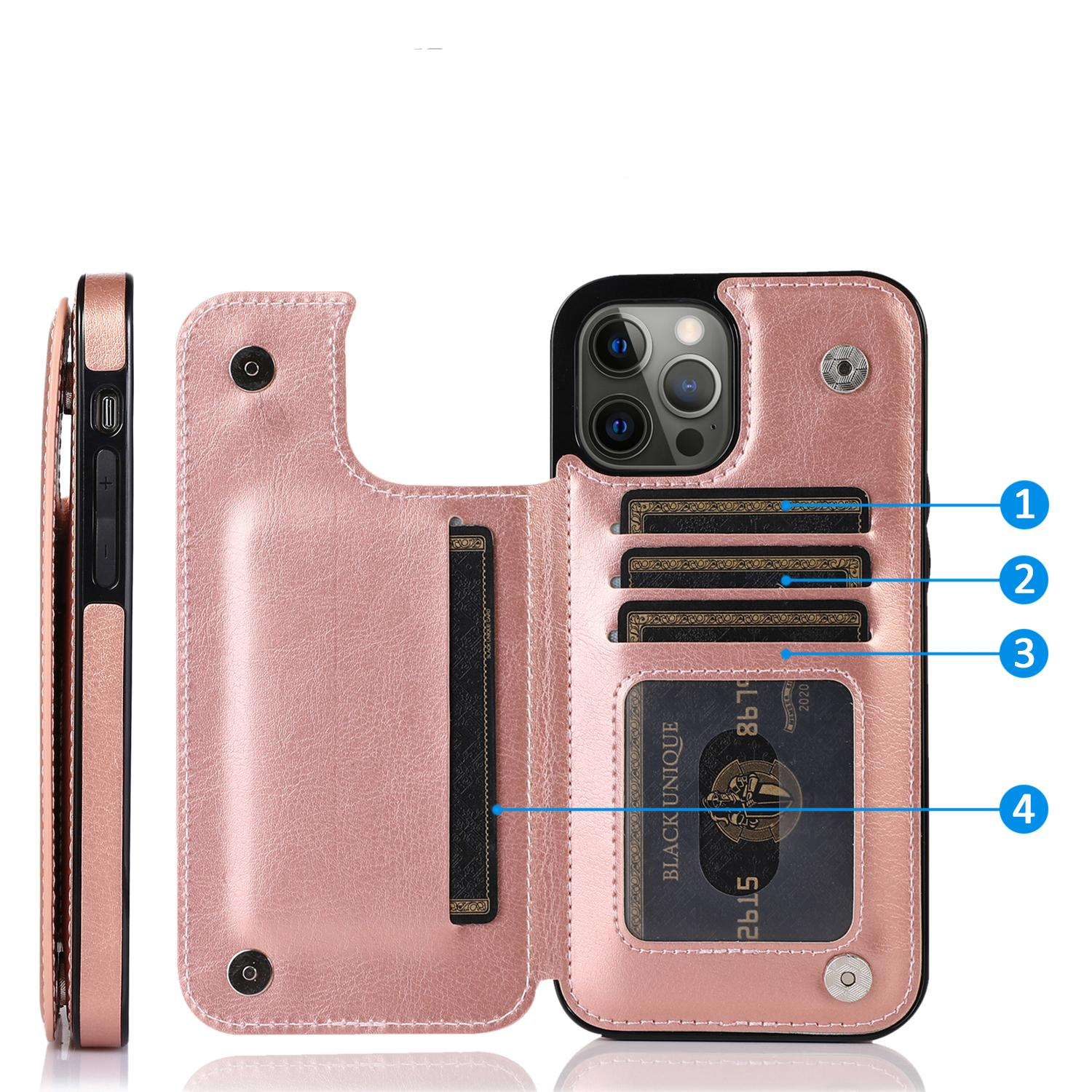 iPhone 14 Pro Max Hybrid Leder Hülle mit Kartenfach   Kickstand Aufsteller - Roségold