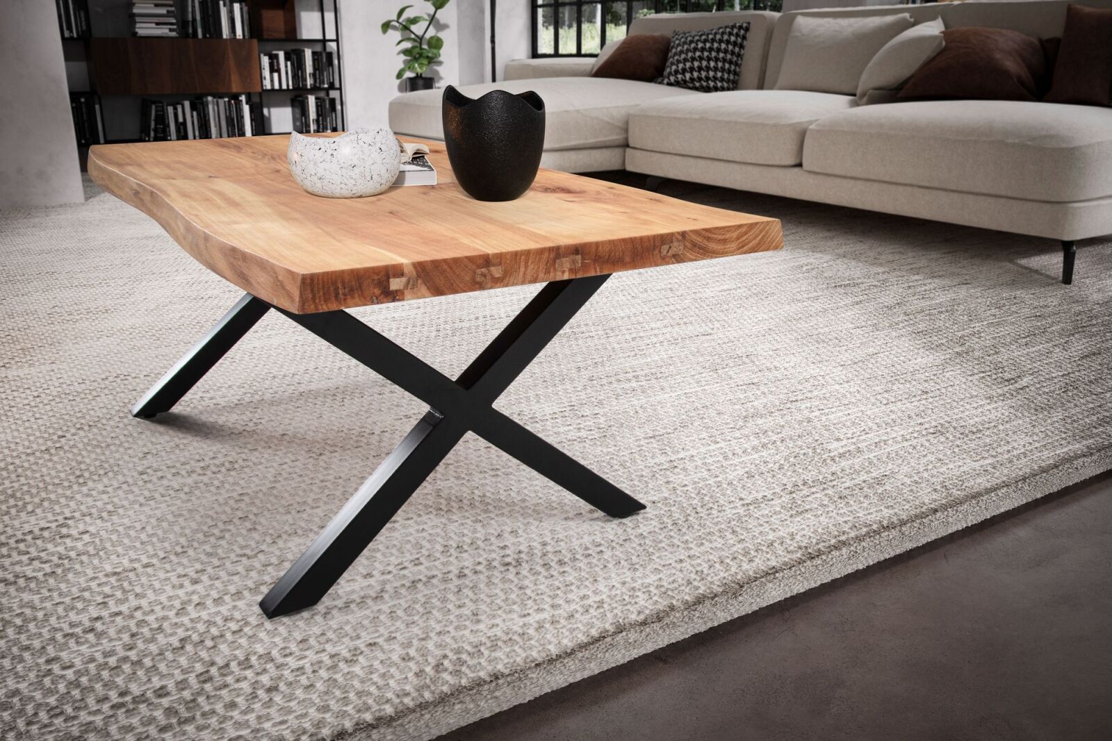 Couchtisch - Akazie massiv - X-Gestell schwarz - 120x60 cm