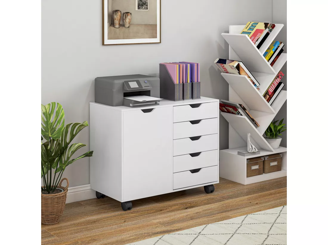 Caisson rangement bureau support d'imprimante 5 tiroirs porte étagère dim. 78L x 40l x 66H cm blanc