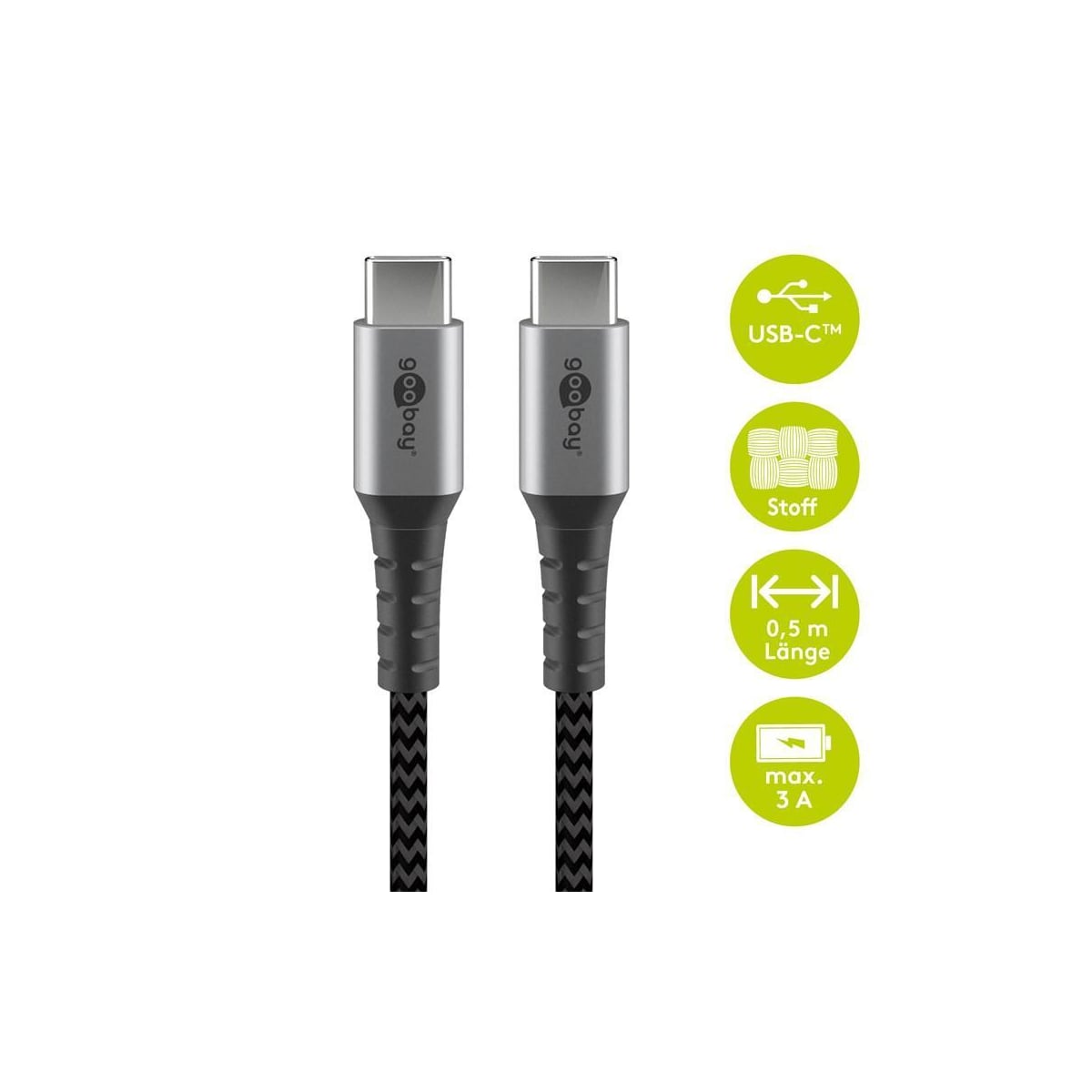USB-C ™ til USB-C ™ Tekstilkabel med metallplugger (Space grå / sølv) 0,5 m
