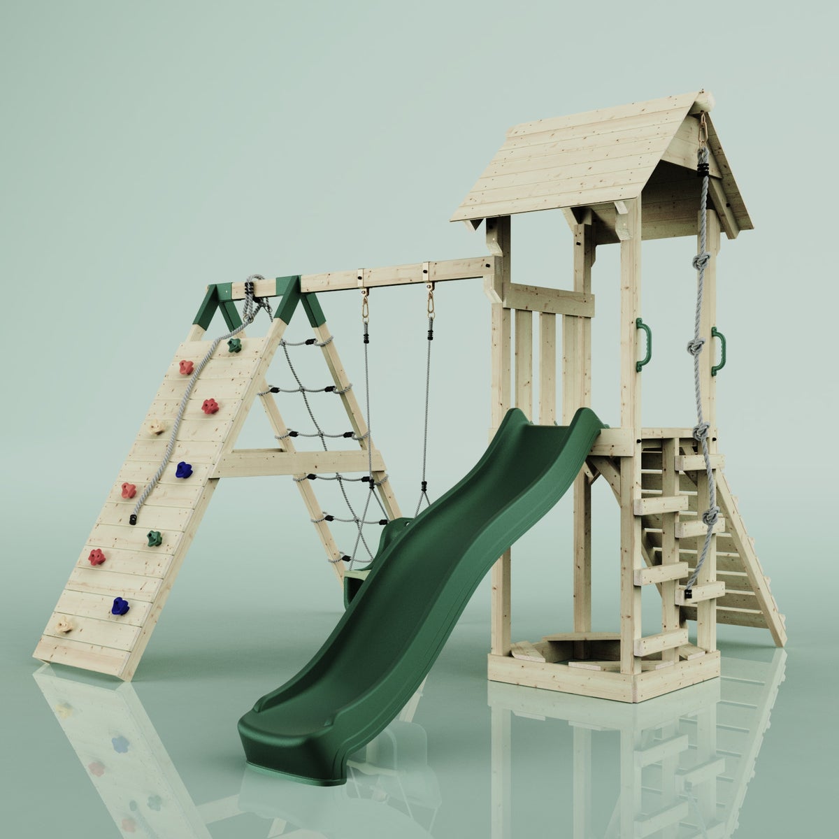 PolarPlay Trondheim houten speeltoren in de kleur groen