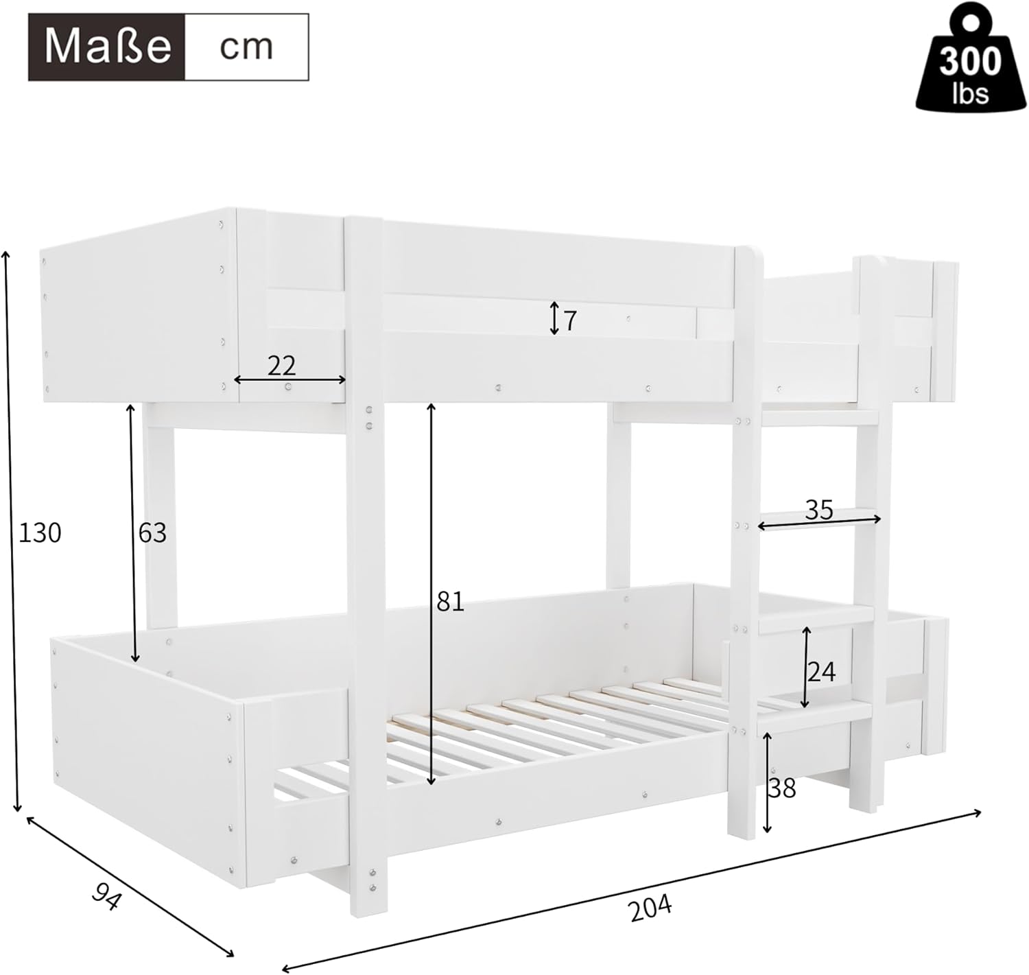 Etagenbett Kinderbett Hochbett mit 2 Liegeflächen 90x200 und Leiter, Platzsparendes Stockbett für 2 Kinder Holzbett Bettrahmen mit Rausfallschutz und Lattenrost, stabile Massivholzkonstruktion, Weiß