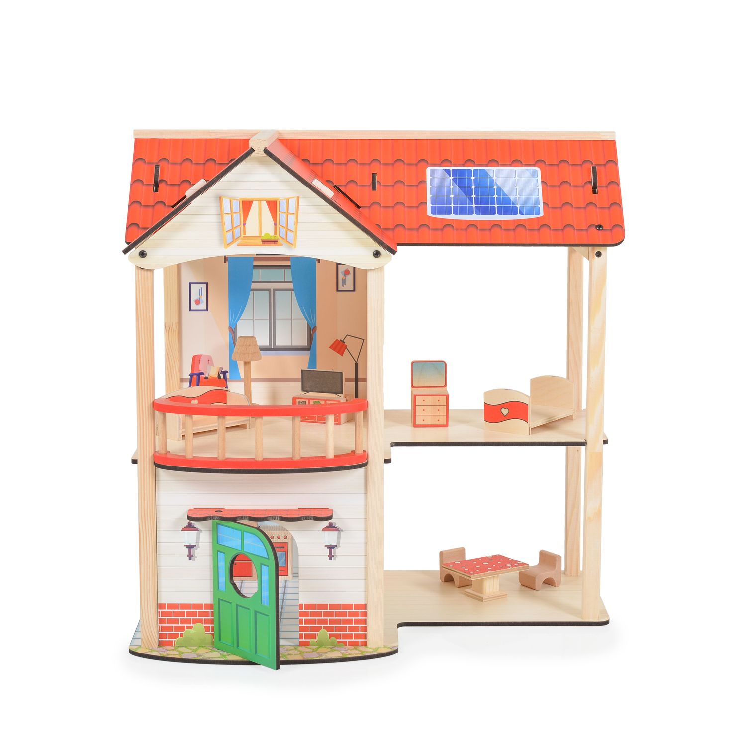 Moni Holz-Puppenhaus Elly 11 Möbelstücke, 2 Etagen, 4 Zimmer, Türe, Küche, Bad rot