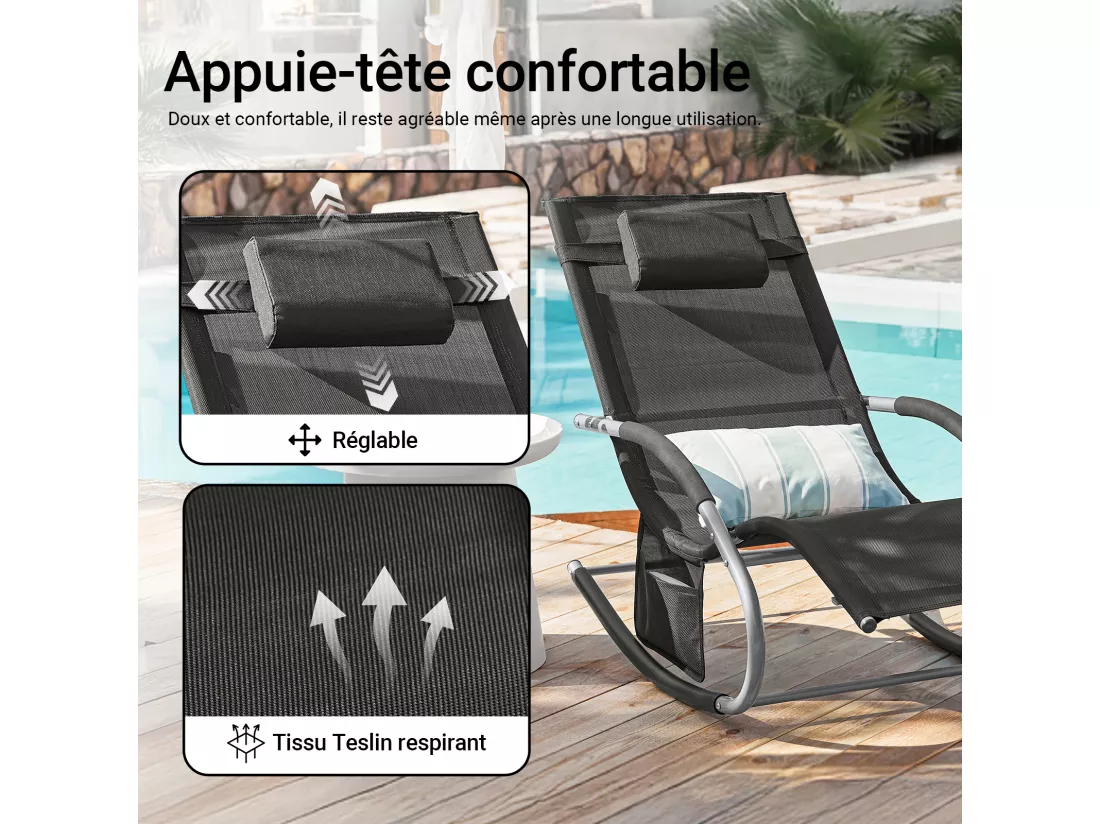 SoBuy OGS28-Sch Fauteuil à Bascule en Métal Chaise Longue Transat de Jardin Transat de Relaxation Bain de Soleil Rocking Chair - Repose-Pieds Intégré - Noir