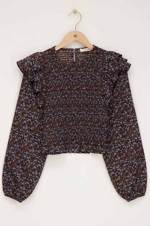 Bruine smock top met blauwe bloemen print