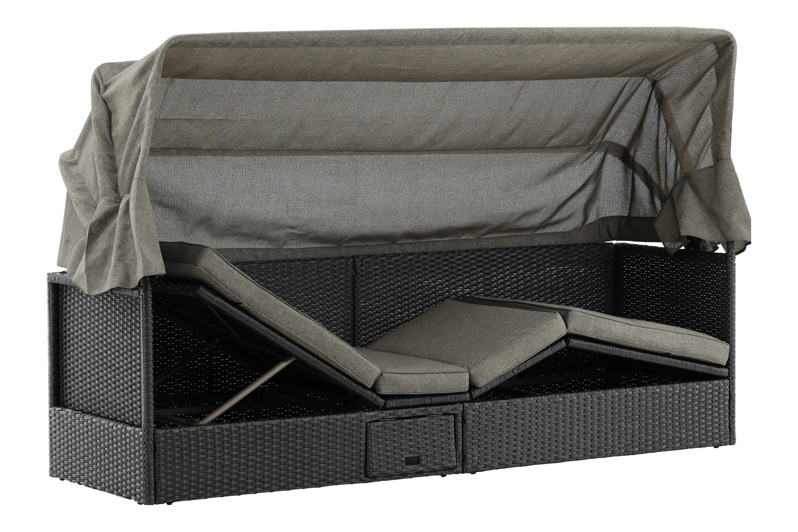 Nopy utesofa Utesofa med solseng funksjon. Sort plastrotting. Grått tak og grå puter.