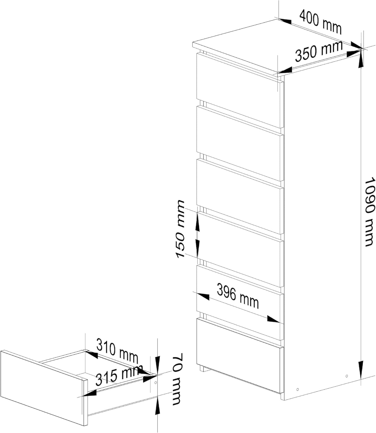 Home Collective Kommode mit sechs Schubladen, elegant, für minimalistische Innenräume, 109 cm hoch und 40 cm breit, Wohnzimmer, Schlafzimmer, Flur, Schrank, Sideboard, Highboard, viel Stauraum, weiß