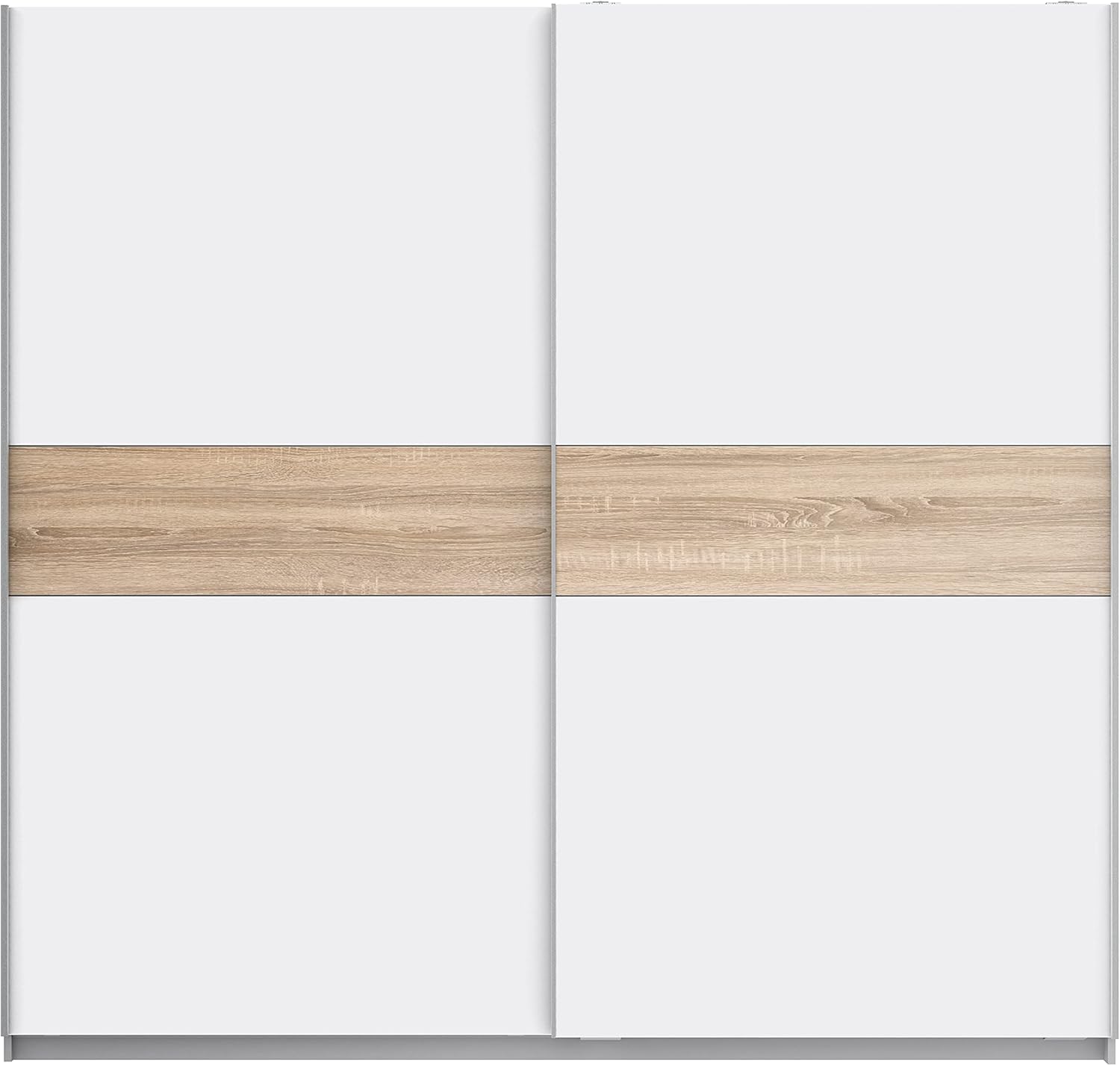FORTE WINNER PLUS Schrank 220, Kleiderschrank Schwebetürenschrank Skandinavisch Schlafzimmer 2-türig Einlegeböden Kleiderstange, Weiß / Holzdekor: Sonoma Eiche, 220 cm breit x 210 cm hoch x 61 cm tief
