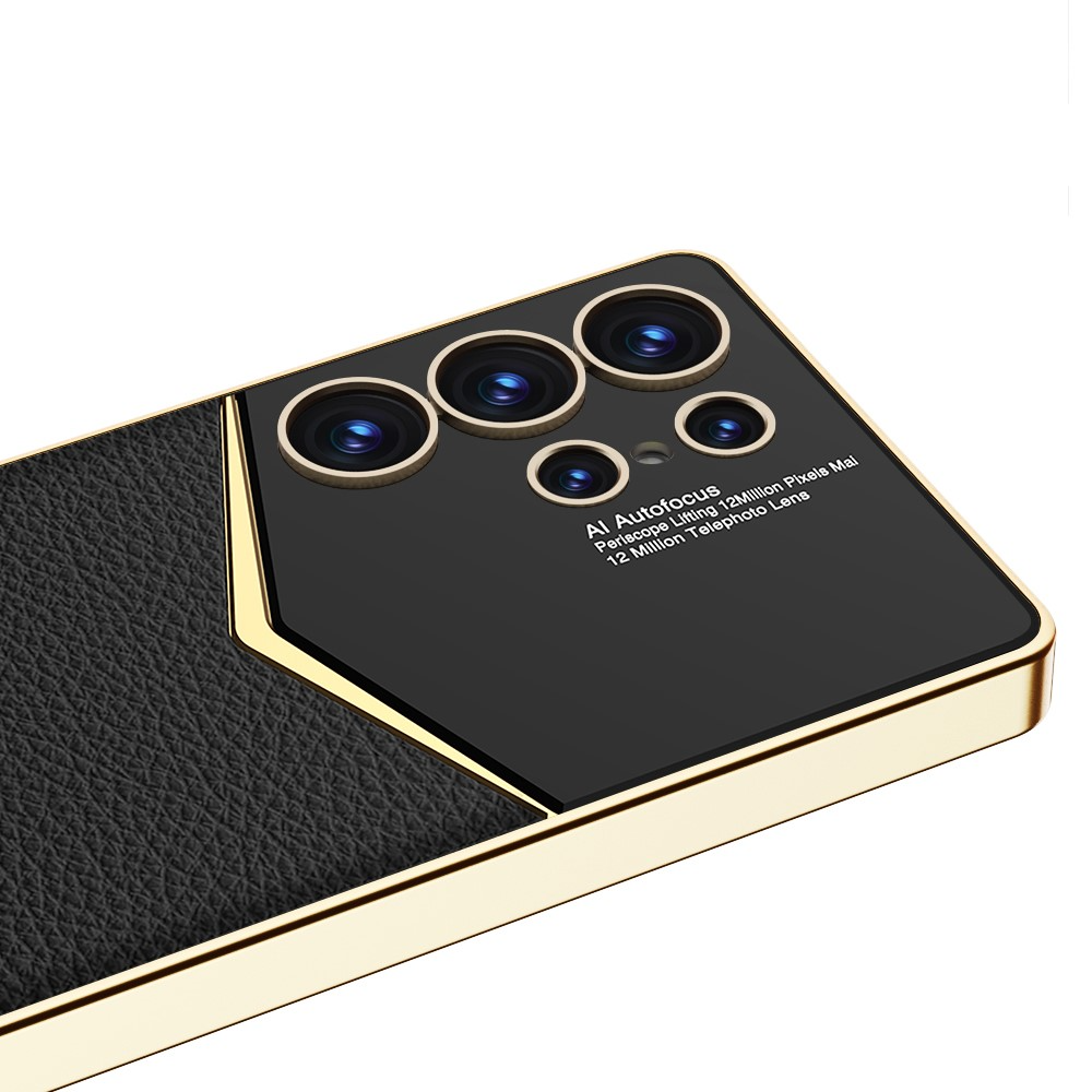 Samsung Galaxy S25 Ultra Leder Hardcase Hülle mit Galvanisiertem Rahmen   Kameraschutz - Grün / Gold
