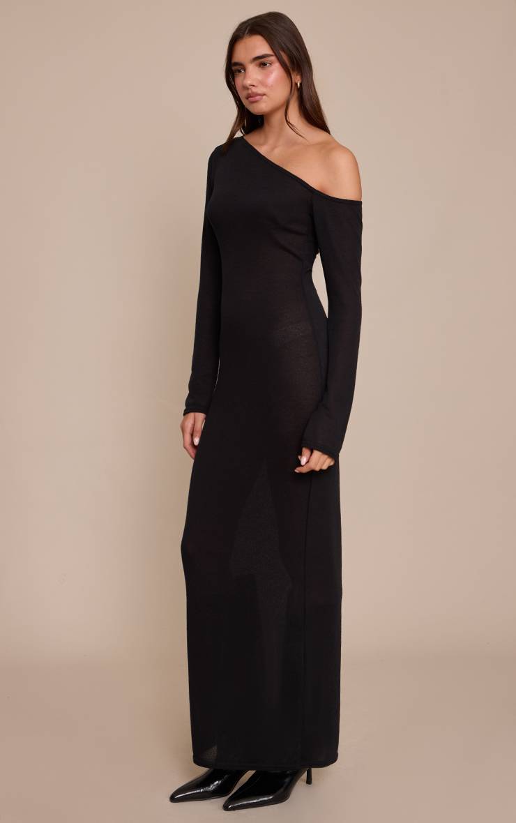 Noir Robe Longue Asymétrique À Manches Longues En Jersey Texturé
