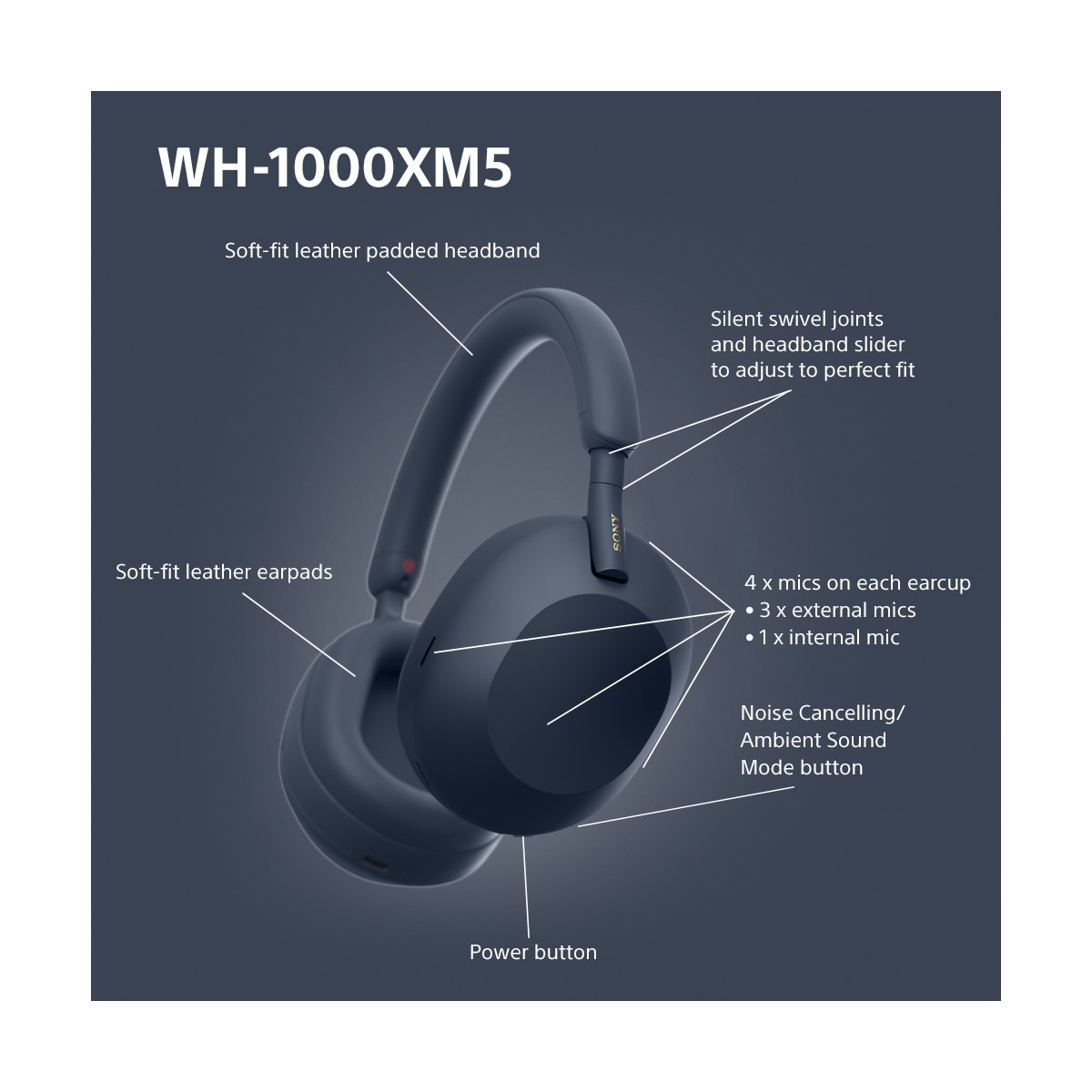 Sony WH-1000XM5 trådløse around-ear hodetelefoner (midnattsblå)