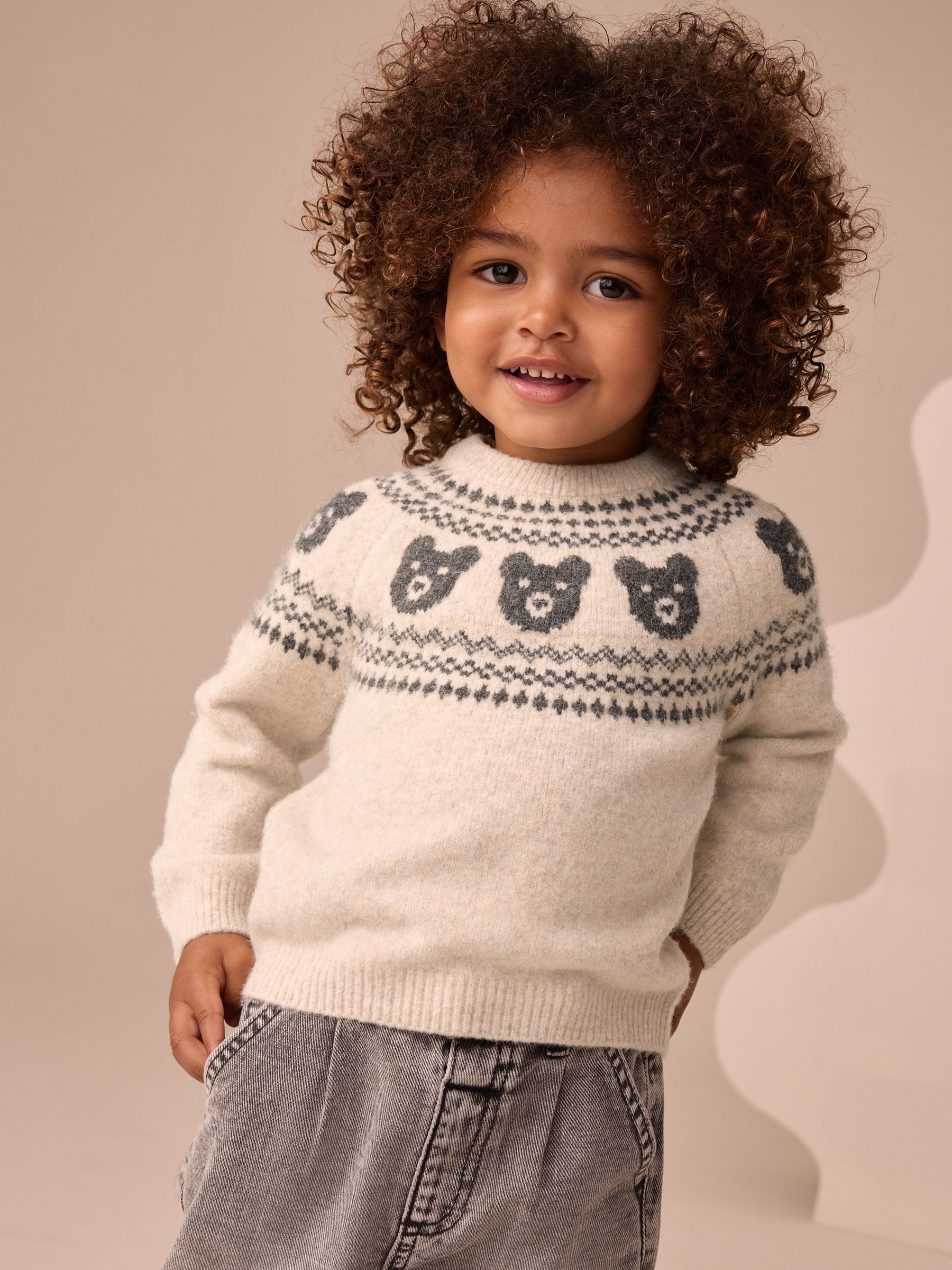 Neutraal met beren - Gebreide trui met fairisle-motief en ronde hals (3mnd -7jr)