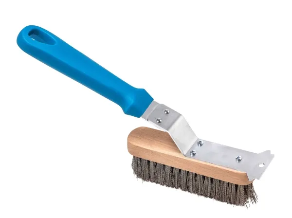 Brush for grill, stainless steel bristles, plastic grip with scraper