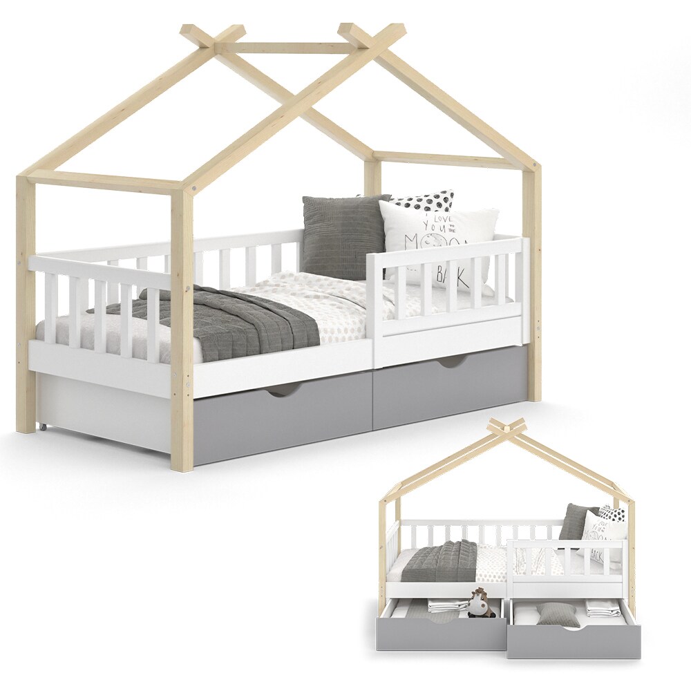 VitaliSpa Kinderbett Hausbett Einzelbett Design Weiß Grau Natur modern 80x160 cm Kinderzimmer Bett Massivholz Lattenrost Schublade Rausfallschutz Schubladenbett