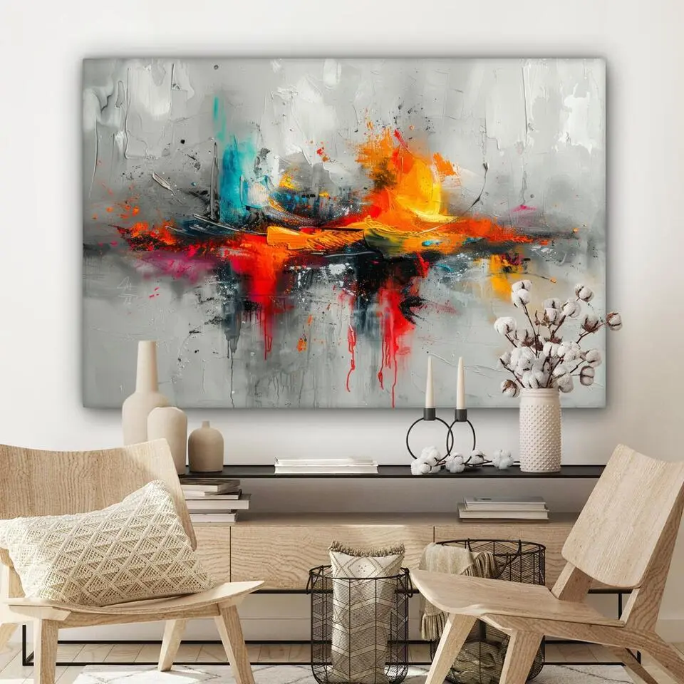 MuchoWow Canvas Schilderij 120x80cm Moderne kunst Oranje Grijs