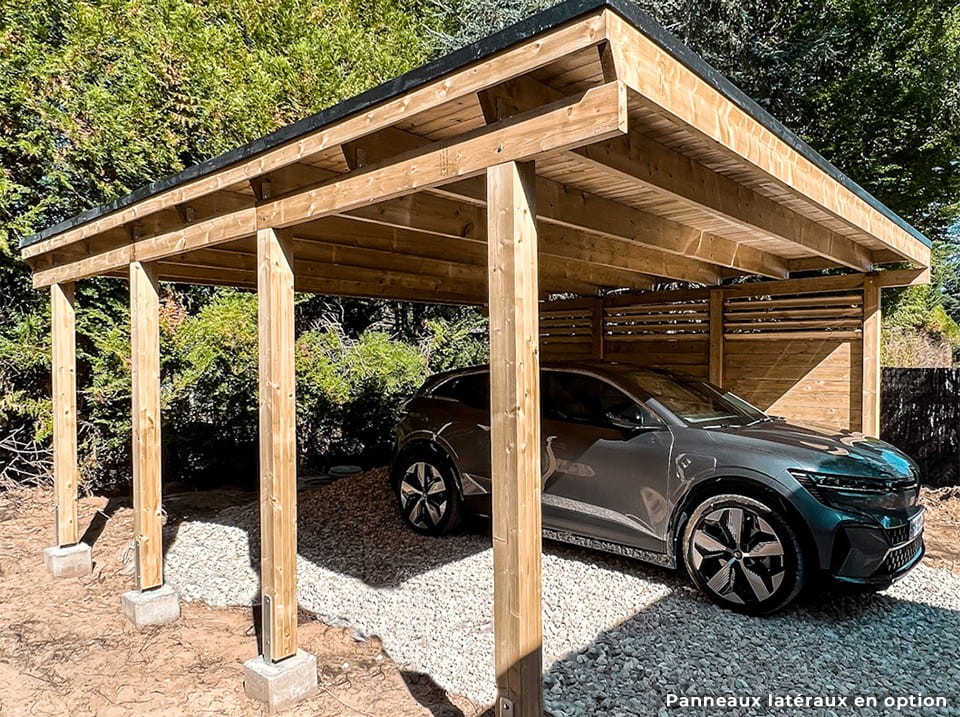 Carport bois castellane - 558x555 - panneau latéral intégré - toiture en bois + feutre bitumeux - abri 2voiture