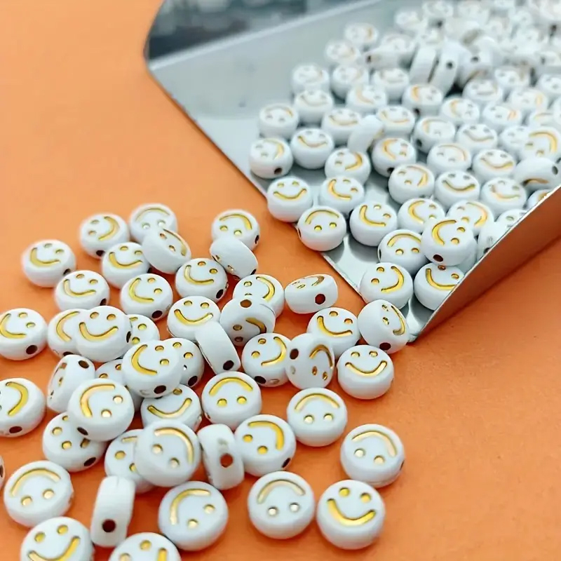 (100er Set) 7mm Acryl Smiley Perlen DIY Bastel Schmuck Zwischenperle für Armband / Kette - Gold / Weiss