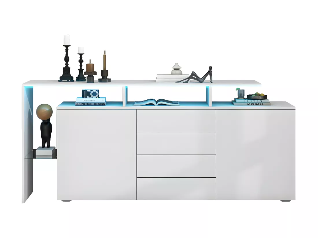 Buffet bas avec éclairage LED - 4 tiroirs et 2 portes - Blanc