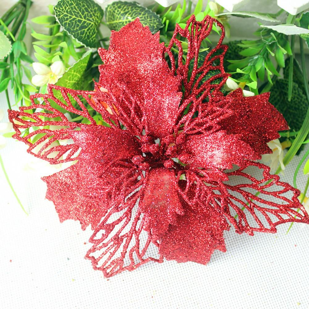 (10er Set) Christbaum Schmuck Glitzer Blumen Deko Ornamente - Rot