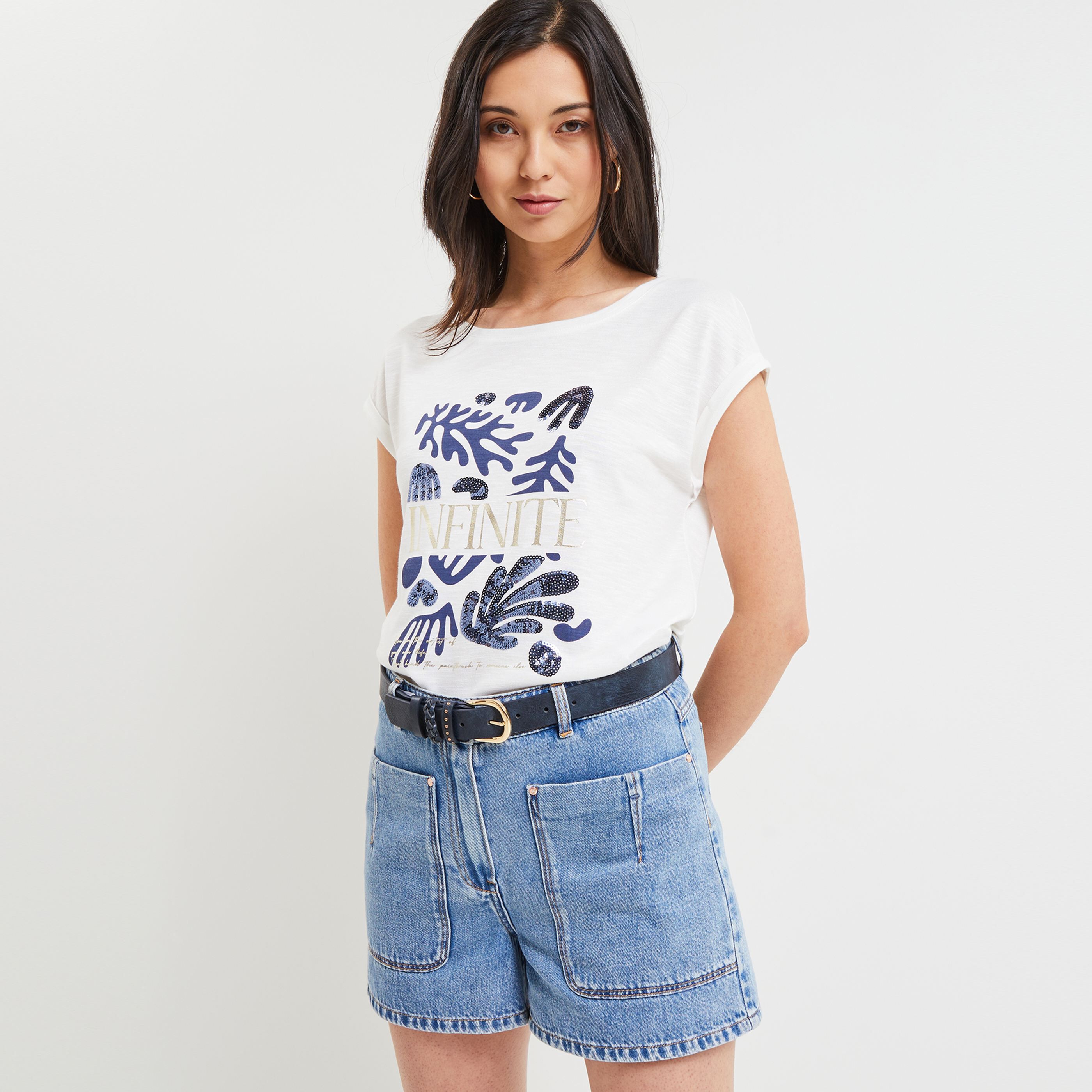 T-shirt imprimé et sequins femme - BLANC CASSE