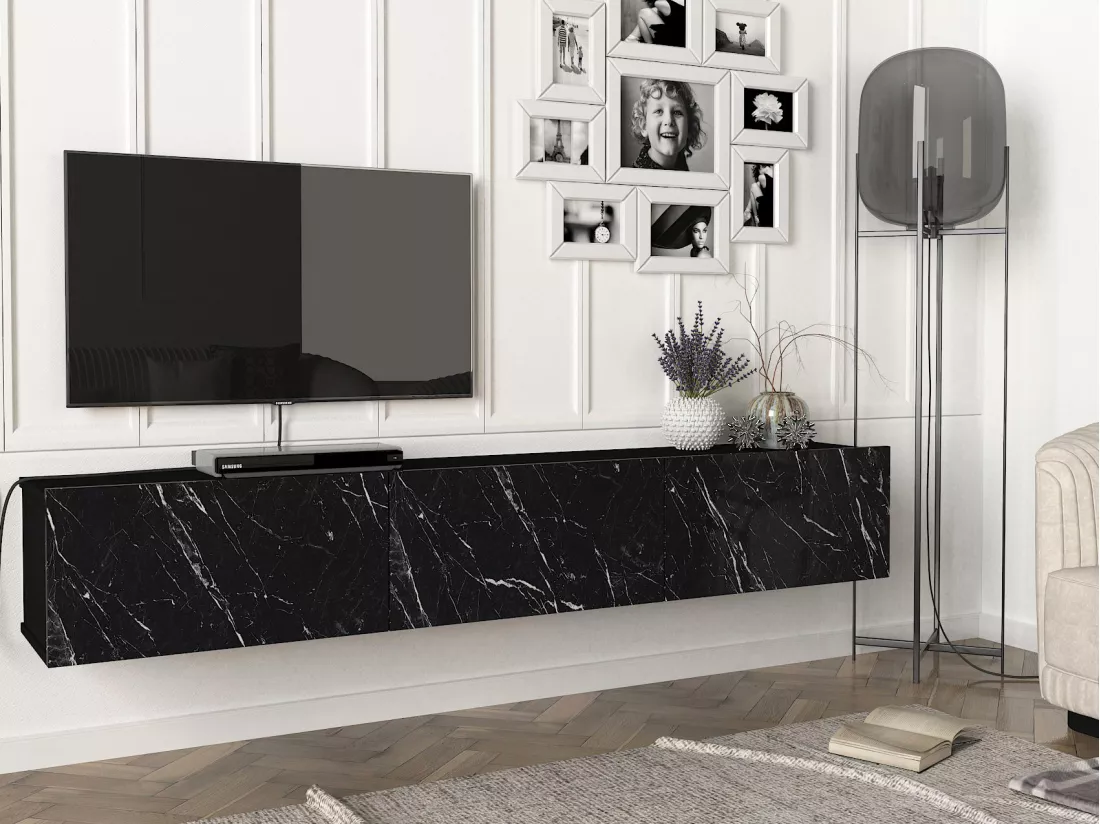 Meuble TV suspendu avec 3 portes - Effet marbre noir - VIKILA